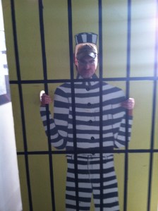 While in Rawlins, we even visited the old Territorial Prison and Scott took this picture of me in the museum. How fitting, given our predicament!
